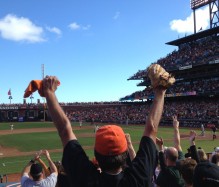 Giants fans celebrating the victorious last outing from 2012 hero Barry Zito.